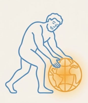 An Atlas figure lowering a glowing world-globe down to the ground, shoulders relaxing in relief
