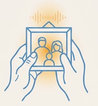 Two hands holding a glowing family photograph, with a soundwave halo suggesting a story spoken aloud