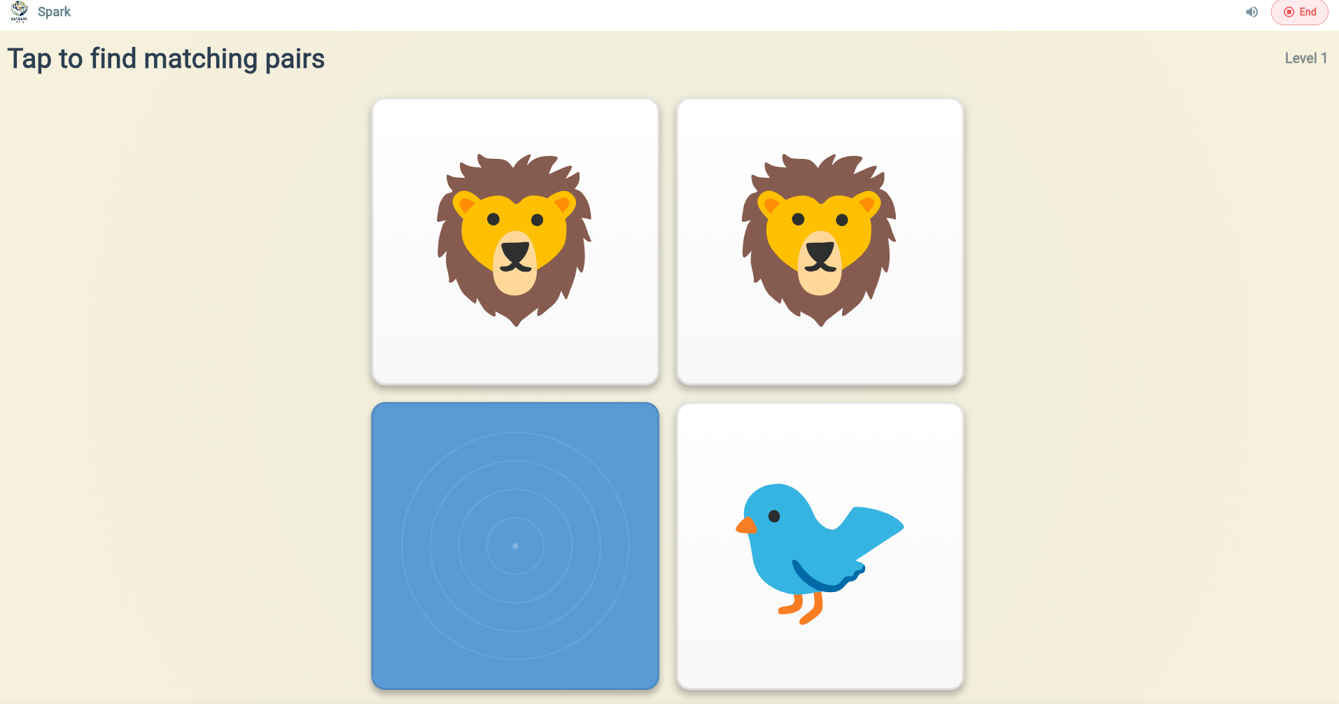 A Spark matching-pairs game on a tablet, showing large friendly tiles with a lion, a bird and a matched pair, labelled Tap to find matching pairs, Level 1